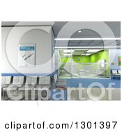 Clipart Of A 3d Blue White And Green Modern Clinic Operating Room And Lobby Royalty Free Illustration