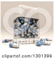 Clipart Of A 3d Glear Glass Container With Blue And White Pills Royalty Free Illustration