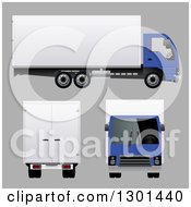 Poster, Art Print Of 3d Blue And White Cargo Big Rig Truck At Different Angles On Gray