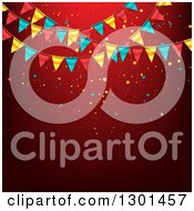 Poster, Art Print Of Party Background With Colorful Bunting Flags And Confetti On Red Text Space