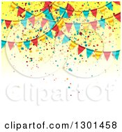 Poster, Art Print Of Party Background With Colorful Bunting Flags And Confetti On Yellow And White Text Space