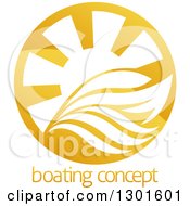 Clipart Of A Shiny Golden Circle Of A Yacht Waves And Sun Rays Over Sample Text Royalty Free Vector Illustration by AtStockIllustration