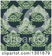 Clipart Of A Seamless Pattern Background Of Green Lotus Henna Flowers On Teal Royalty Free Vector Illustration
