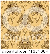 Clipart Of A Background Pattern Of Seamless Brown Henna Flowers On Yellow Royalty Free Vector Illustration