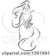 Clipart Of A Sketched Black And White Bride Holding A Bouquet 4 Royalty Free Vector Illustration
