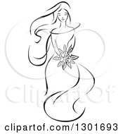 Clipart Of A Sketched Black And White Bride Holding A Bouquet 6 Royalty Free Vector Illustration