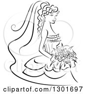 Poster, Art Print Of Sketched Black And White Bride Holding A Bouquet