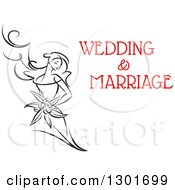 Clipart Of A Sketched Black And White Bride Holding A Bouquet Of Flowers With Red Text 9 Royalty Free Vector Illustration