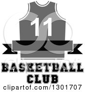 Clipart Of A Blank Black Banner Over A Gray Basketball Jersey And Text Royalty Free Vector Illustration