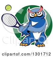 Poster, Art Print Of Cartoon Blue Owl Playing Tennis Over A Green Circle