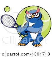 Poster, Art Print Of Cartoon Blue Owl Playing Tennis Over A Ball