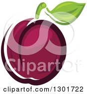 Clipart Of A Purple Plum And Leaf Royalty Free Vector Illustration