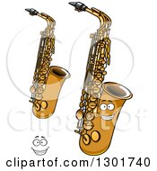 Poster, Art Print Of Cartoon Happy Face And Saxophone Instruments