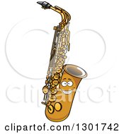 Clipart Of A Cartoon Happy Saxophone Instrument Character Royalty Free Vector Illustration