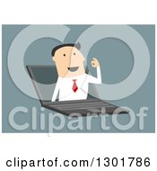 Clipart Of A Flat Modern White Businessman Talking Through A Laptop Over Blue Royalty Free Vector Illustration