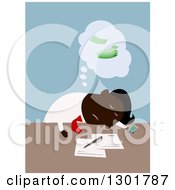 Clipart Of A Flat Modern Black Businessman Exhausted And Going Over Finances At A Desk Over Blue Royalty Free Vector Illustration