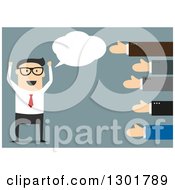 Clipart Of A Flat Modern White Businessman Being Praised Over Blue Royalty Free Vector Illustration