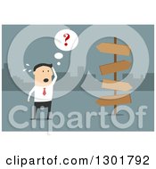 Clipart Of A Flat Modern White Businessman At A Crossroads Over Blue Royalty Free Vector Illustration