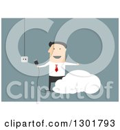 Flat Modern White Businessman Plugging In To The Cloud Over Blue