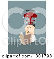 Clipart Of A Flat Modern White Overworked Businessman Reading A Book Over Blue Royalty Free Vector Illustration