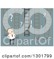 Clipart Of A Flat Modern White Businessman Trying To Choose A Ladder Over Blue Royalty Free Vector Illustration