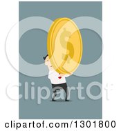 Poster, Art Print Of Flat Modern White Businessman Holding A Giant Gold Coin Over Blue