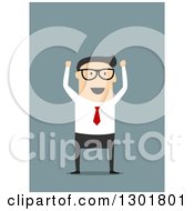 Poster, Art Print Of Flat Modern Bespectacled White Businessman Cheering Over Blue