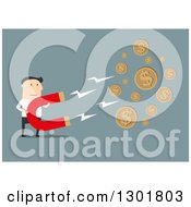 Clipart Of A Flat Modern White Businessman Attracting Money With A Magnet Over Blue Royalty Free Vector Illustration