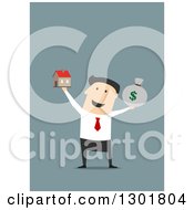 Poster, Art Print Of Flat Modern White Businessman Holding Up A House And Money Sack Over Blue