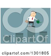 Clipart Of A Flat Modern White Businessman Investor Watering A Bar Graph Over Blue Royalty Free Vector Illustration by Vector Tradition SM