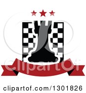 Chess Board And Rook With Stars Over A Blank Red Banner