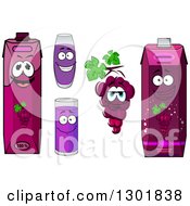 Clipart Of A Happy Bunch Of Purple Grapes Character Juice Glasses And Cartons Royalty Free Vector Illustration