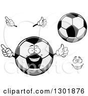 Clipart Of A Cartoon Grayscale Happy Face Hands And Soccer Balls Royalty Free Vector Illustration