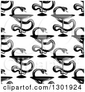Clipart Of A Seamless Pattern Background Of Black And White Snakes And Medical Goblet Caduceuses Royalty Free Vector Illustration