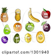 Poster, Art Print Of Cartoon Pineapple Peanut Banana Apple Pear Orange Plum Avocado Lemon And Melon Characters