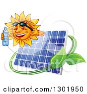 Poster, Art Print Of Happy Sun Holding A Bottled Water And Presenting Over A Solar Panel Swoosh And Leaves
