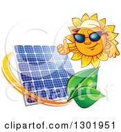Poster, Art Print Of Sun Character Wearing Shades And A Visor Hat And Giving A Thumb Up Over A Solar Panel Encircled With A Swoosh And Green Leaves