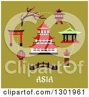 Poster, Art Print Of Flat Modern Design Of A Japanese Pagoda And Items With Text On Green