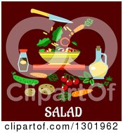 Flat Modern Design Of A Bowl And Salad Ingredients Over Text On Maroon