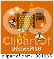 Poster, Art Print Of Flat Modern Design Of Bees And Beekeeping Items On Orange With Text