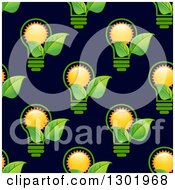Clipart Of A Seamless Pattern Background Of Lightbulbs With Suns And Green Leaves On Navy Blue Royalty Free Vector Illustration