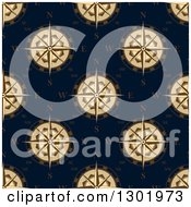 Poster, Art Print Of Seamless Pattern Background Of Beige Compass Roses On Navy Blue