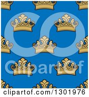 Poster, Art Print Of Seamless Pattern Background Of Gold Crowns On Blue