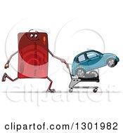 Poster, Art Print Of Cartoon Red Credit Card Character Pushing A Shopping Cart With A Car