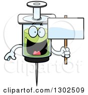 Cartoon Happy Vaccine Syringe Character Holding A Blank Sign