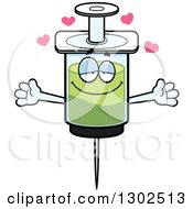 Poster, Art Print Of Cartoon Loving Vaccine Syringe Character With Open Arms And Hearts