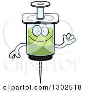 Clipart Of A Cartoon Friendly Happy Vaccine Syringe Character Waving Royalty Free Vector Illustration by Cory Thoman