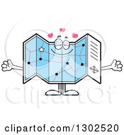 Poster, Art Print Of Cartoon Loving Road Map Atlas Character With Open Arms And Hearts