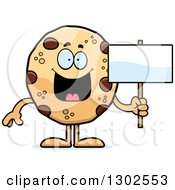 Poster, Art Print Of Cartoon Happy Chocolate Chip Cookie Character Holding A Blank Sign