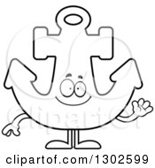 Lineart Clipart Of A Cartoon Black And White Happy Anchor Character Waving Royalty Free Outline Vector Illustration by Cory Thoman